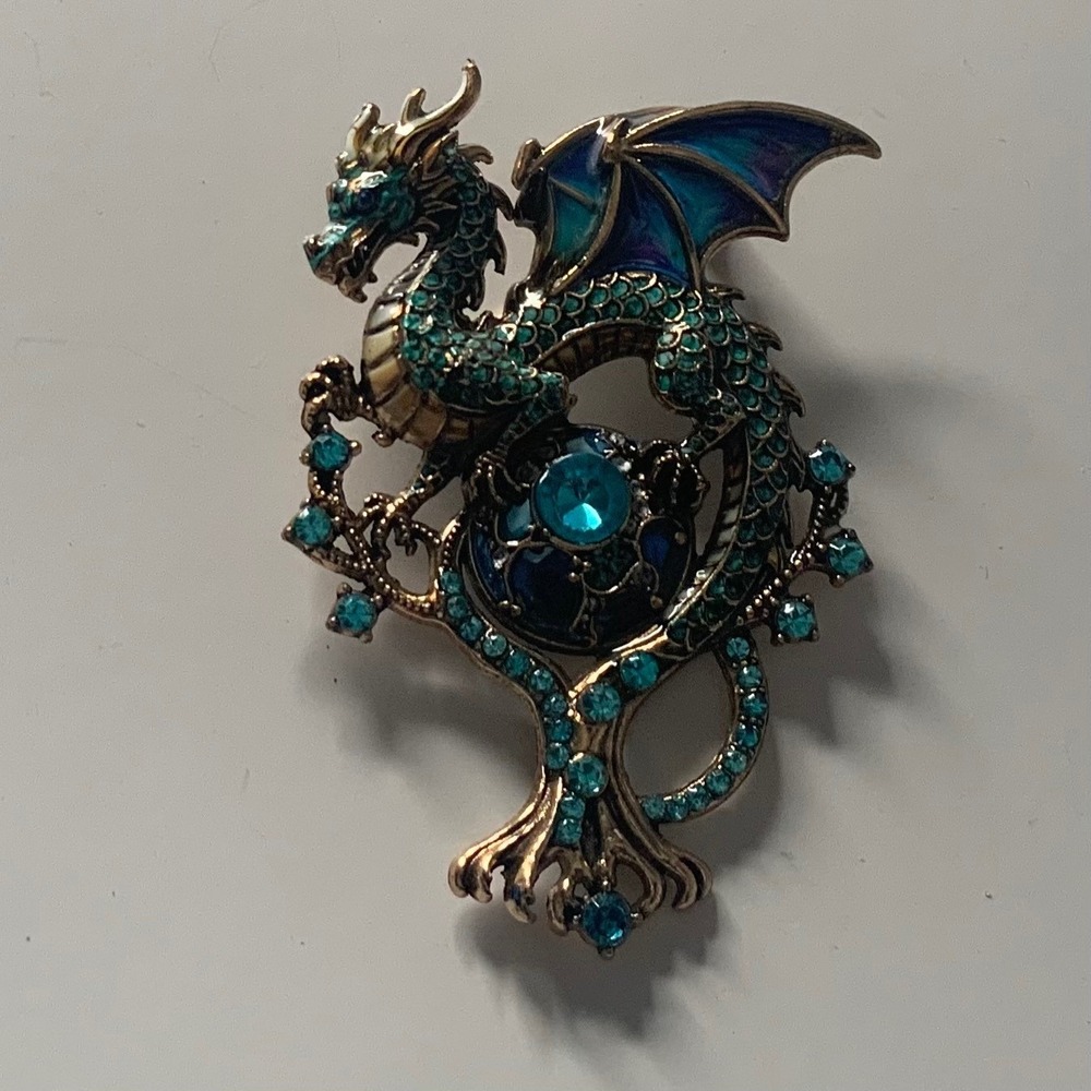 Blue Rhinestone Dragon Brooch Enamel Fantasy Mythical Winged Pin Gold Tone